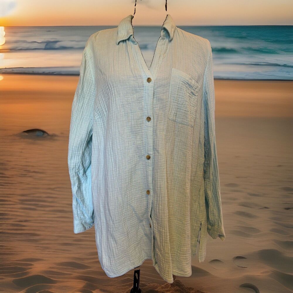 J. Jill Womens Medium Top Blue Gauzy 100% Cotton Button Up Coastal Beach